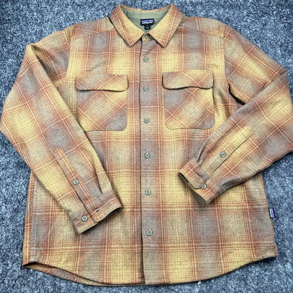 Patagonia Recycled Wool Plaid Shirt Men’s L FA19 50785 Orange Brown